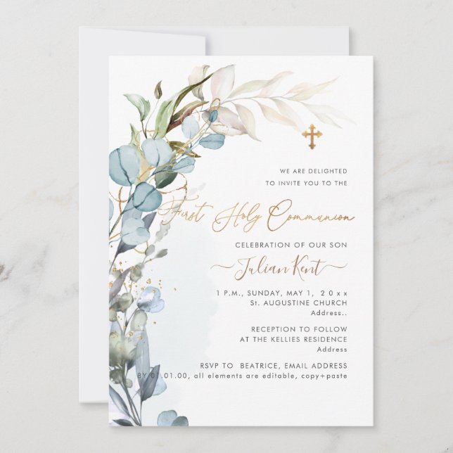 Invitation PixDezines H2 Dusty Blue Gum Foliage Communion (Devant)