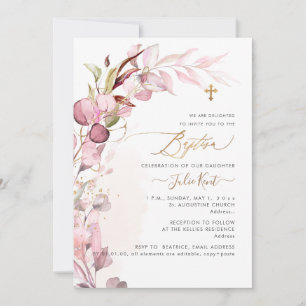 Invitation PixDezines H2 Dusty Blush Gum Foliage Baptême