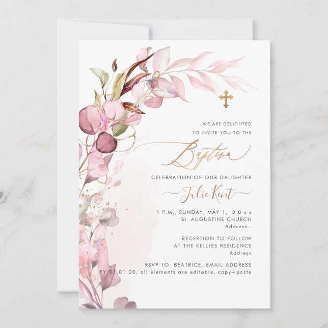 Invitation PixDezines H2 Dusty Blush Gum Foliage Baptême (Devant)