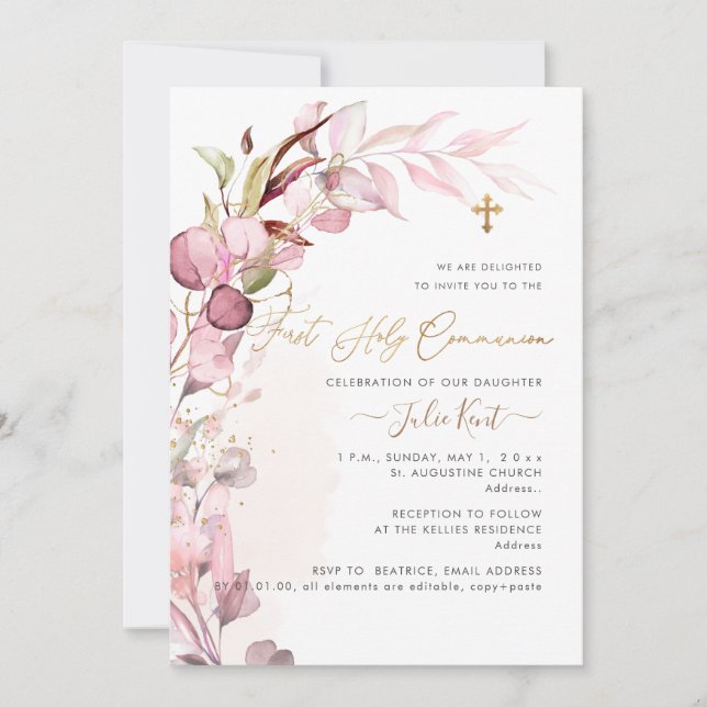 Invitation PixDezines H2 Dusty Blush Gum Foliage Communion (Devant)