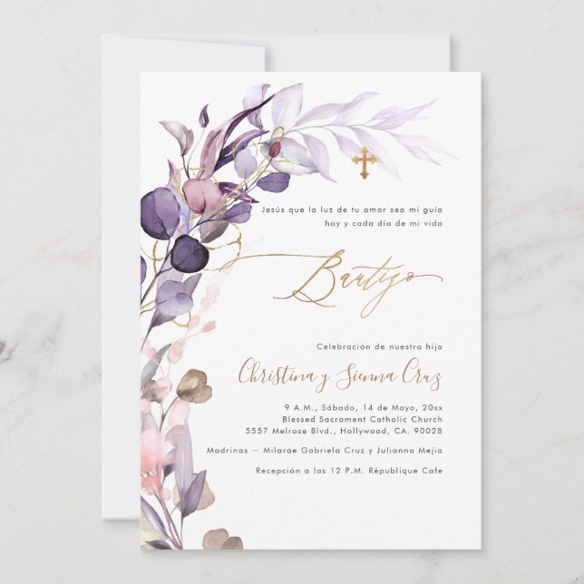 Invitation PixDezines H2 Dusty Purple Gum Eucalyptus Bautizo (Devant)