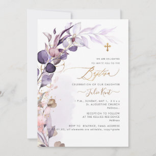 Invitation PixDezines H2 Dusty Purple Gum Foliage Baptême