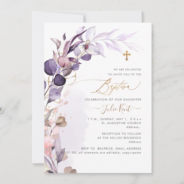 Invitation PixDezines H2 Dusty Purple Gum Foliage Baptême (Devant)