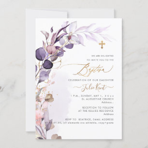 Invitation PixDezines H2 Dusty Purple Gum Foliage Baptême