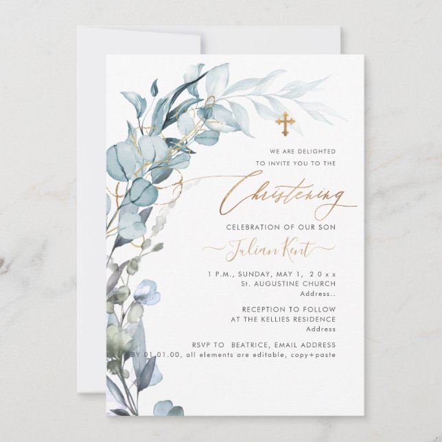 Invitation PixDezines H2 Eucalyptus baptême Bleu Gomme (Devant)