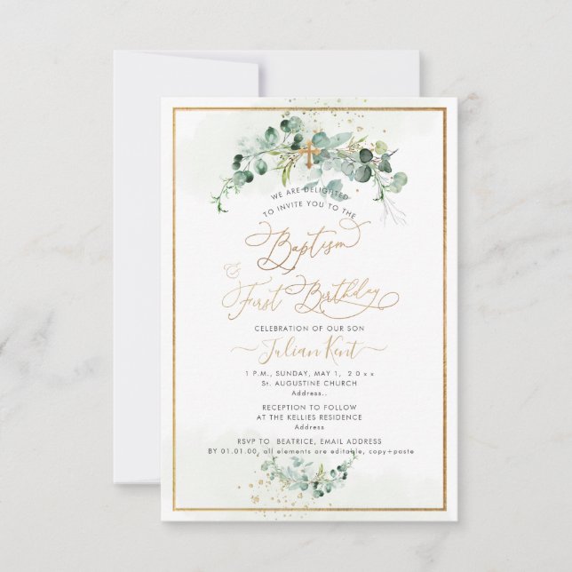 Invitation PixDezines H2 Eucalyptus Baptême premier anniversa (Devant)