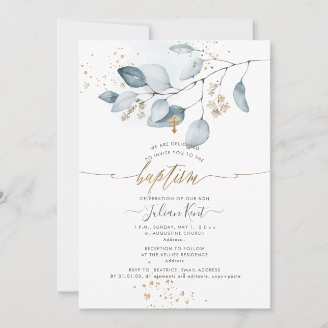 Invitation PixDezines H2 Eucalyptus Bleu Baptême (Devant)