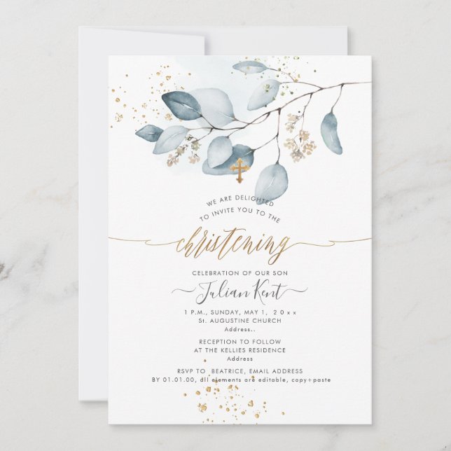 Invitation PixDezines H2 Eucalyptus Blue Gum Baptême (Devant)