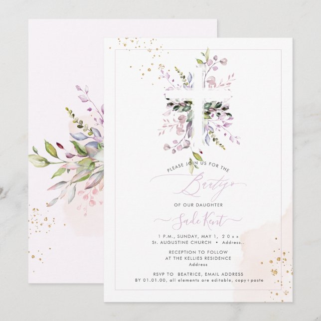 Invitation PixDezines H2 Eucalyptus rose Bautizo (Devant / Derrière)