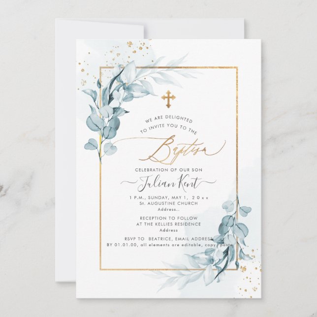 Invitation PixDezines H2 Gomme Bleue Eucalyptus Baptême (Devant)