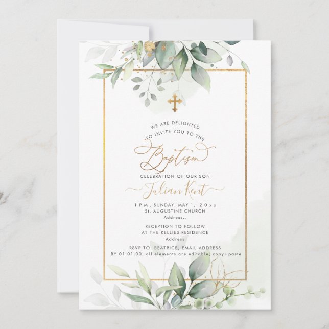 Invitation PixDezines H2 Green Gold Eucalyptus Baptême (Devant)