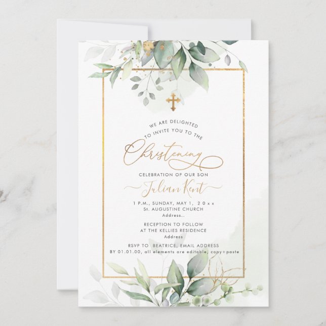 Invitation PixDezines H2 Green Gold Eucalyptus Christening (Devant)
