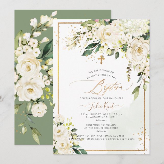 Invitation PixDezines H2 Hydrangeas Crème Roses Baptême (Devant / Derrière)