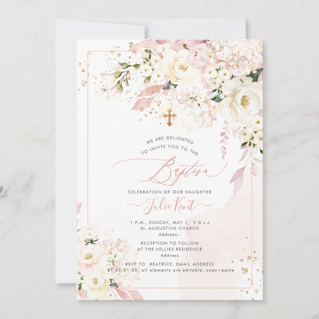 Invitation PixDezines H2 Hydrangeas Roses Fleurs Rouges Baptê (Devant)