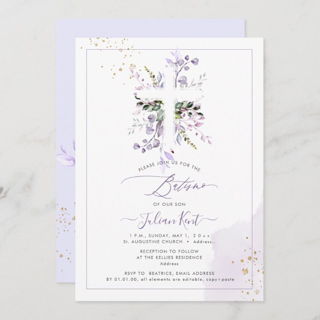 Invitation PixDezines H2 Lilac Purple Eucalyptus Batismo (Devant / Derrière)
