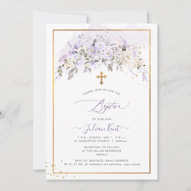 Invitation PixDezines H2 Lilac Purple Fleurs Baptême (Devant)