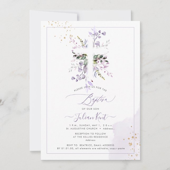Invitation PixDezines H2 Lilas Violet Eucalyptus Baptême (Devant)