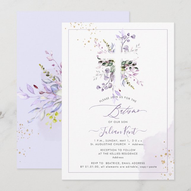 Invitation PixDezines H2 Lilas Violet Eucalyptus Baptême (Devant / Derrière)