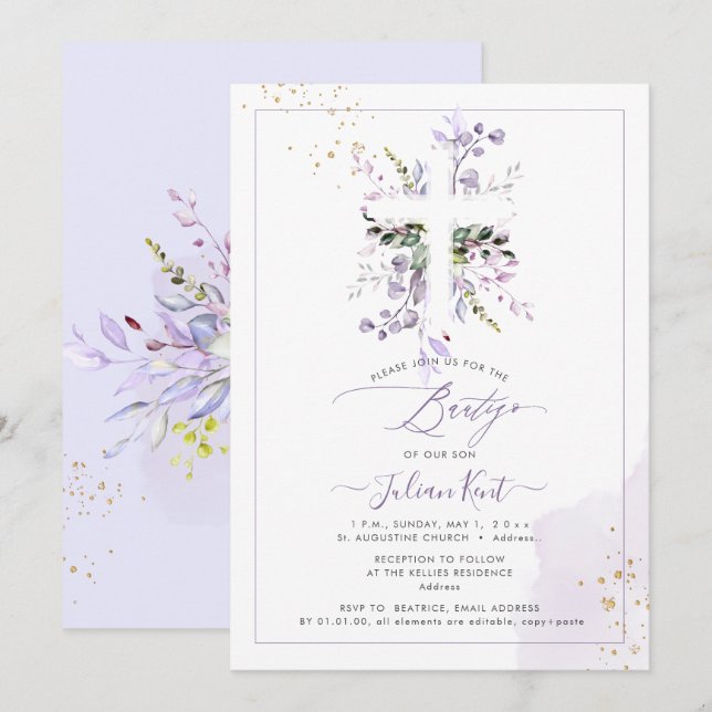 Invitation PixDezines H2 Lilas Violet Eucalyptus Bautizo (Devant / Derrière)