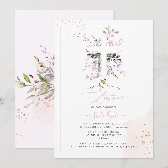 Invitation PixDezines H2 Pink Eucalyptus Batismo (Devant / Derrière)