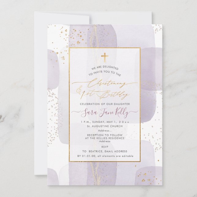 Invitation PixDezines H2 Purple Christening+1er anniversaire (Devant)