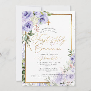 Invitation PixDezines H2 Purple Roses Première Communion Sain
