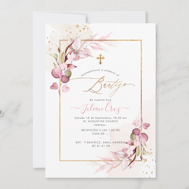 Invitation PixDezines H2 rose Eucalyptus Bautizo (Devant)
