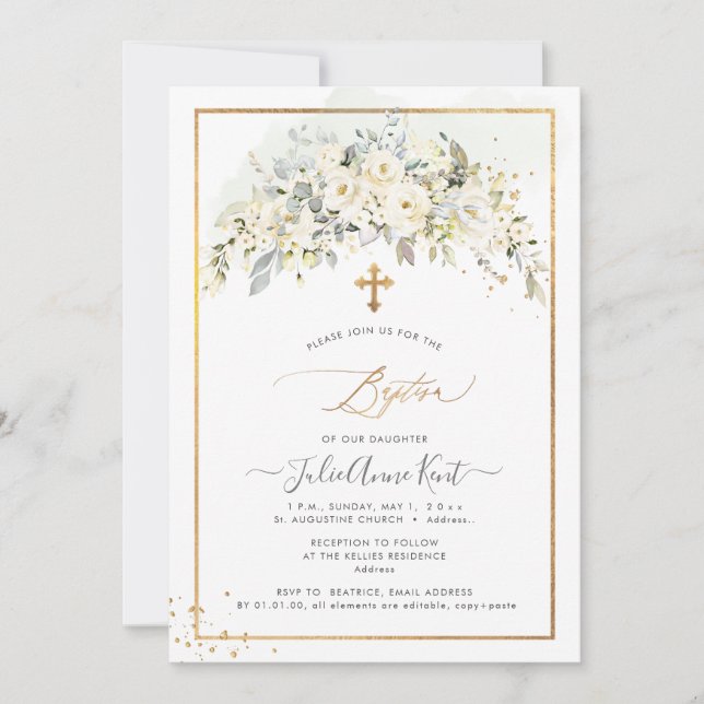 Invitation PixDezines H2 Roses Alabaster Baptême (Devant)