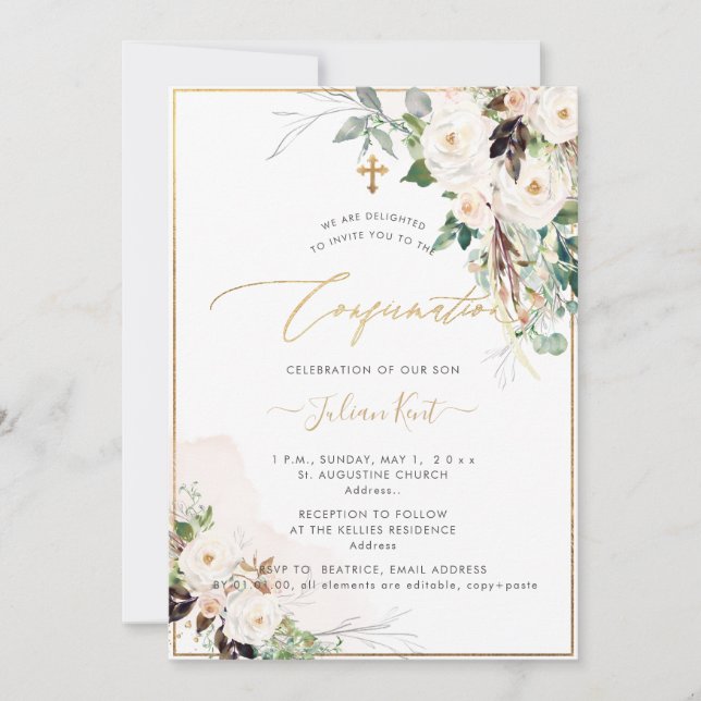 Invitation PixDezines H2 Roses Blush Crème Confirmation (Devant)
