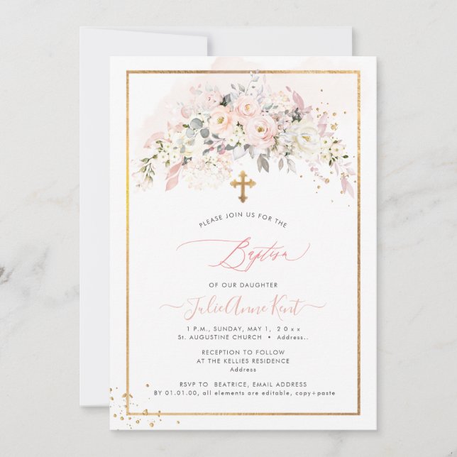 Invitation PixDezines H2 Roses Fleurs Baptême (Devant)