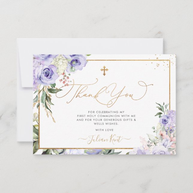 Invitation PixDezines H2 Roses Violettes Communion Remercieme (Devant)