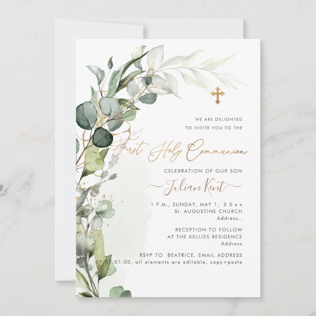 Invitation PixDezines H2 Verdure Feuille d'eucalyptus Premièr (Devant)