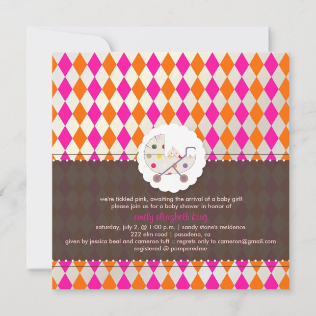 Invitation PixDezines harlequin/rose+orange/baby shower/DO-IT (Devant)