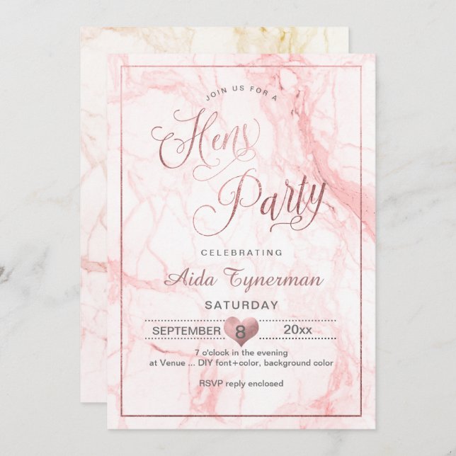 Invitation PixDezines Hens Party Faux Rose Gold Script+Marbre (Devant / Derrière)