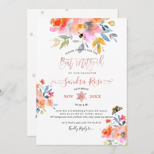 Invitation PixDezines Jardin Rose Bat mitzvah aquarelle (Devant / Derrière)