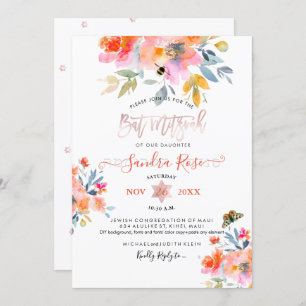 Invitation PixDezines Jardin Rose Bat mitzvah aquarelle