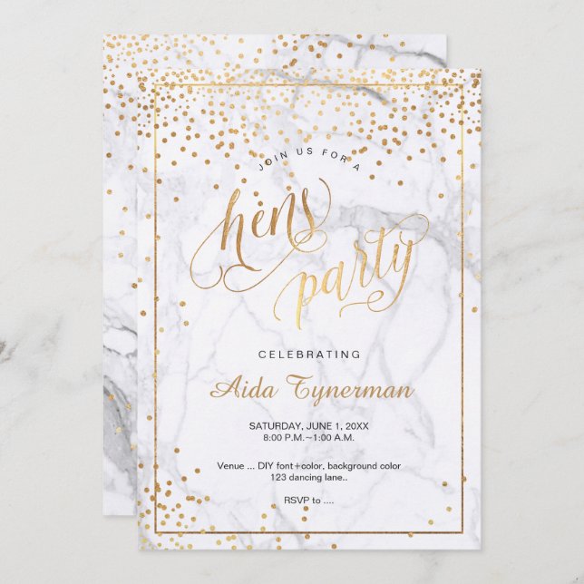 Invitation PixDezines Jeu de poules Marbre Faux Gold Confetti (Devant / Derrière)