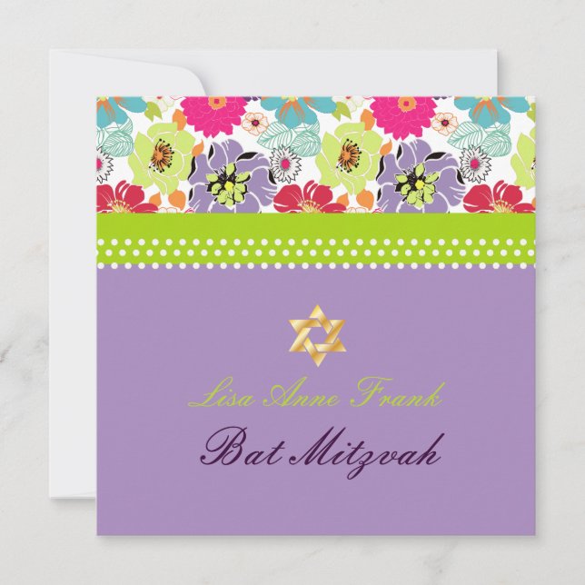 Invitation PixDezines Joyeux floral rétro, Bat Mitzvah (Devant)