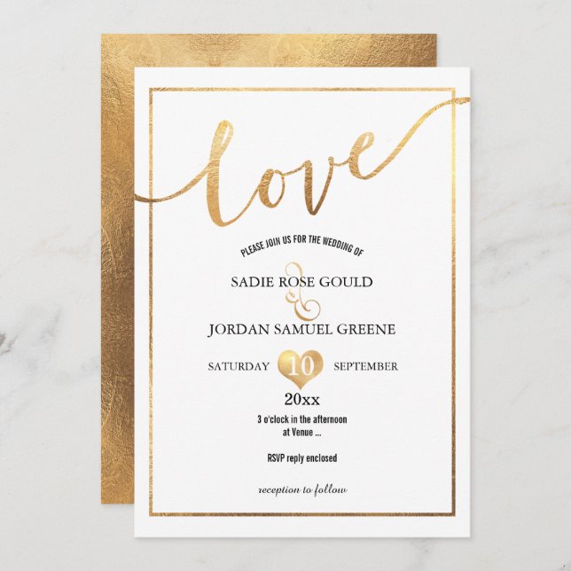 Invitation PixDezines Love Faux Gold Hearts (Devant / Derrière)