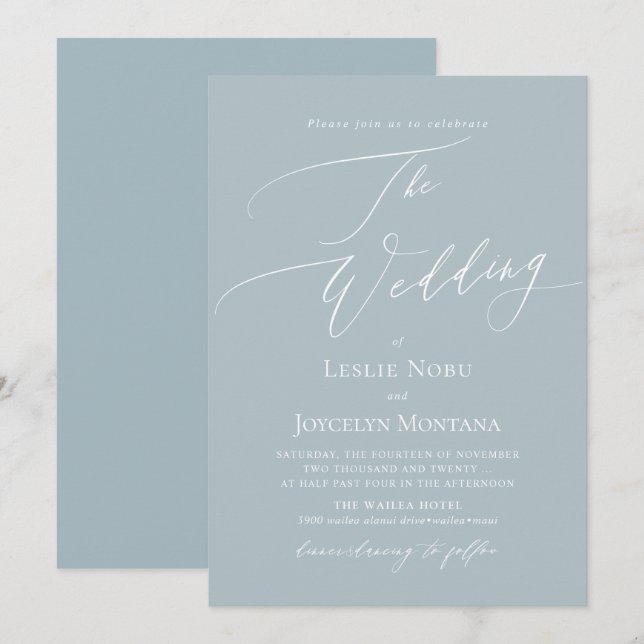Invitation PixDezines Luxe Calligraphie DIY Couleurs Bleu Pou (Devant / Derrière)