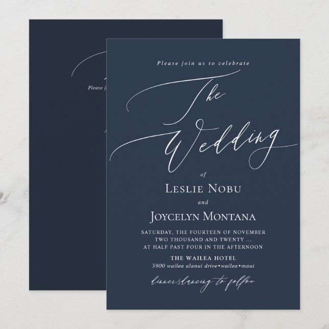 Invitation PixDezines Luxe Calligraphie Mariage Bleu Nuit (Devant / Derrière)