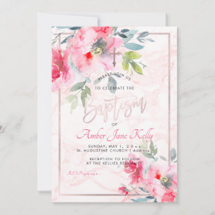 Invitation PixDezines Marble+Aquarelle Fleurs/Baptême
