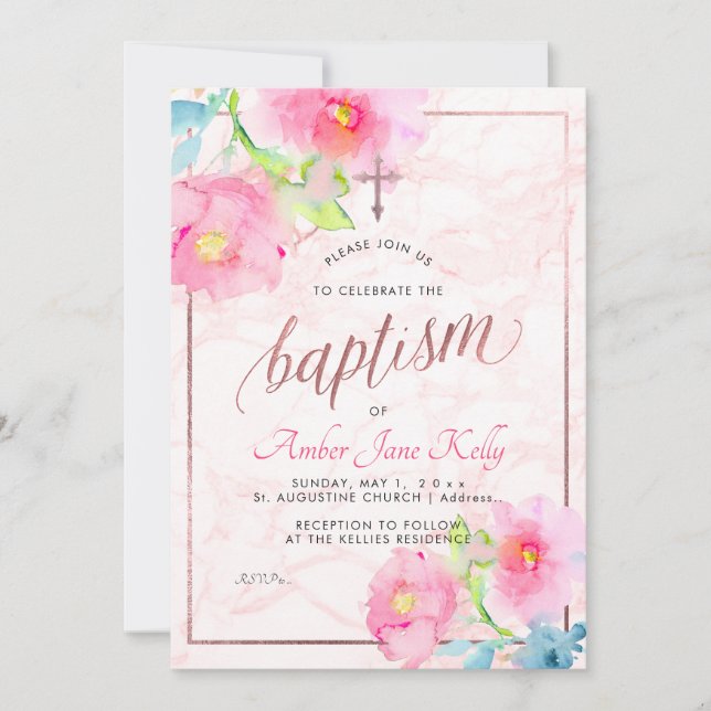 Invitation PixDezines Marble+Aquarelle Fleurs/Baptême (Devant)