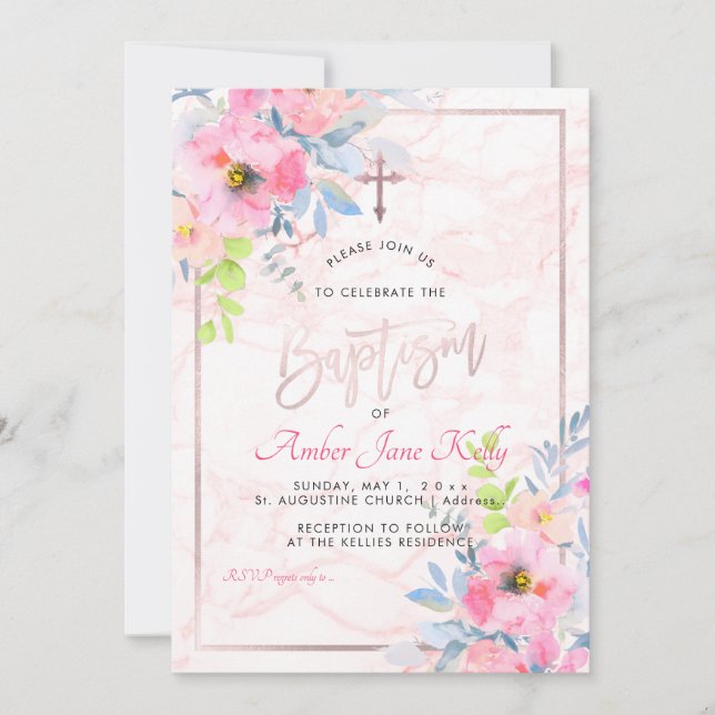 Invitation PixDezines Marble+Aquarelle Fleurs/Baptême (Devant)