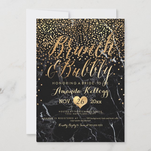 Invitation PixDezines Marble Brunch+Bubbly Dazzled/Faux Gold (Devant)