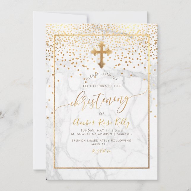 Invitation PixDezines Marble+Faux Gold Confetti/Christening (Devant)