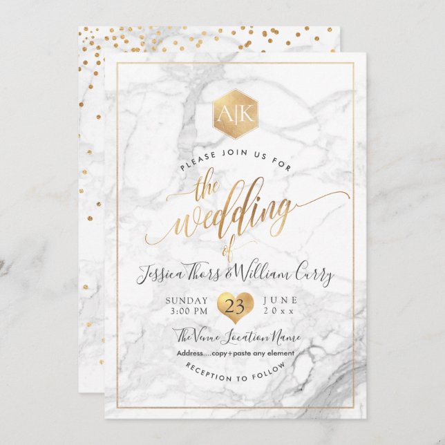 Invitation PixDezines Marble+Faux Monogramme Or Honeycomb (Devant / Derrière)