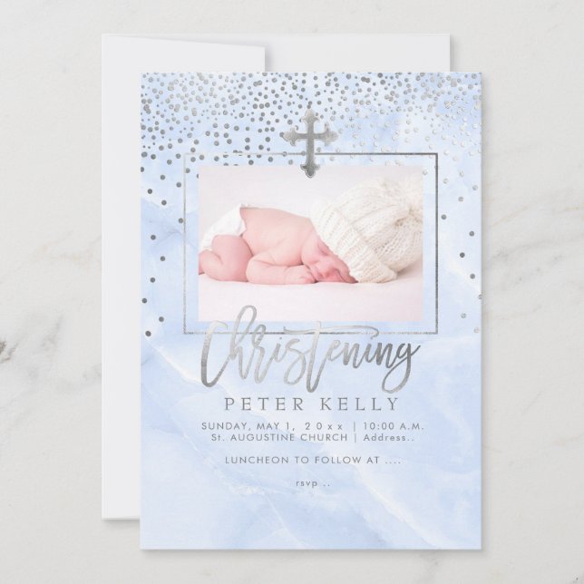 Invitation PixDezines Marble+Faux Points Argent/Christening (Devant)