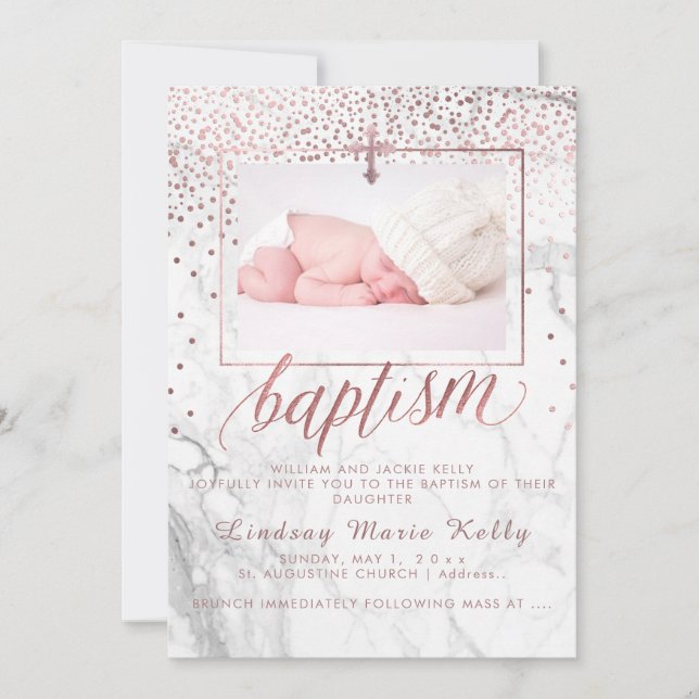 Invitation PixDezines Marble+Faux Rose Gold Confetti Baptême (Devant)