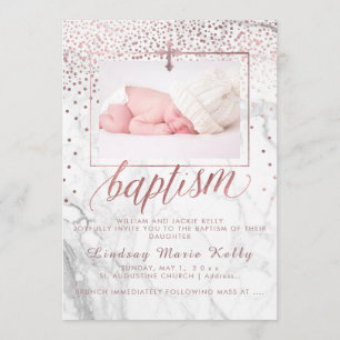 Invitation PixDezines Marble+Faux Rose Gold Confetti Baptism